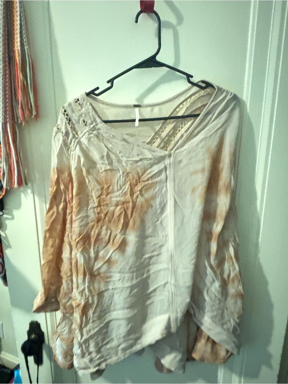 Free People Cream and Tan Tie-Dye Lace-Trim Tunic